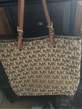 Michael Kors Brown Beige MK Logo Canvas Tote